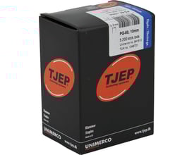 Tjep elgalvaniserede PG-50 klammer, 14 mm, i sort papkasse med mærkat der viser antal og specifikationer.