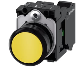 Siemens 22mm rund trykknap i gul plast med momentankontakt og fjederklemme monteret på sort baggrund.