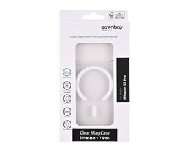 Emballage med transparent bagcover med magnet til iPhone 17 Pro, synligt gennem vinduet på forsiden.