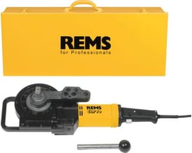 Kompakt gul opbevaringskasse med Rems logo til Curvo el-rørbukker, vist lukket.