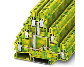 Phoenix Contact jordklemme UT 2,5-3PE i grøn/gul farve, vist i tværsnit på hvid baggrund, med fokus på interne forbindelser.