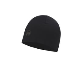 Sort Buff Thermal hue i 100 % merinould, vist skråt forfra med afrundet form og synligt Buff-logo.