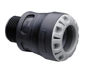 Plasson overgang med nippel, 63 mm x 2" PP PN16, model SERIE 1, vist med udvendigt gevind og grå koblingsring.