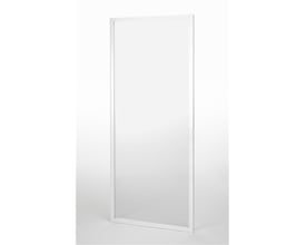 Contura Shower Contura next sideplade med hvid profil og mønstret glas, vist fritstående set skråt forfra.