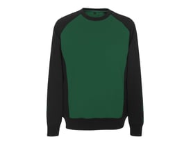 Mascot sweatshirt med raglanærmer i sort og grønt stof, viser detaljer ved hals, ærmer og talje.