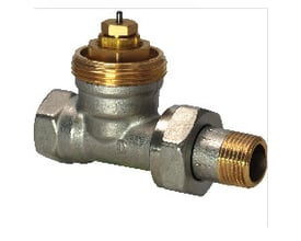 Siemens VDN210 radiatorventil i ligeløb med 3/8" NF tilslutning, lavet af messing og metal, isoleret på hvid baggrund.