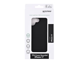Sort TPU-bagcover til iPhone 17 i emballage, med slankt cover synligt gennem udskæringen.