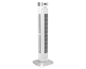 V-TAC 55W LED tårnvifte i hvid og grå med en rund base og fjernbetjening på et bord.
