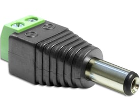 DeLOCK DC-terminalblockadapter med 2,1x5,5mm stik og plus i midten, med skrueterminaler og grøn koblingsskinne.
