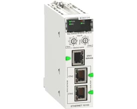 Schneider Electric Modicon X80 Erio drop adapter med Ethernet backplane og tre Ethernet-porte. Modulet er hvidt med sorte og grønne markeringer.