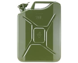 Grøn 20 liters benzindunk i stål, klassisk Jerry Can design med integreret håndtag og UN-godkendelse.