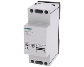 Siemens sikkerhedstransformator 16VA, 230V AC primær, 8V AC sekundær med PTC-sikring monteret på DIN-skinne.