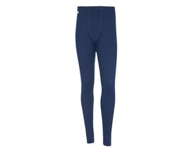 Fuldkropsbillede af Mascot Crossover Alta termounderbukser i marineblå, der viser de lange ben og elastiske linning af 100% polyester.