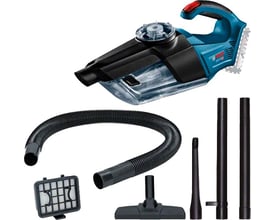 Bosch GAS 18V-1 solo støvsuger med gennemsigtig beholder samt slange, rør og mundstykker.