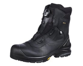 Vinklet frontbillede af Grisport S3 sikkerhedsstøvle i sort læder med BOA-lukning, der fremhæver design og detaljer.