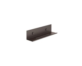 Svedbergs hylde i mocca aluminium med kort hyldeflade og høj bagkant, set skråt forfra.