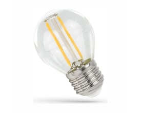 SpectrumLED E27 1W LED-kronepære i G45-form med klart glas, synlige kultråde og varm hvid farve på soklen.