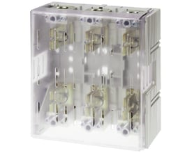 Siemens Sentron sikringsholder i 3-polet design med 400A mærkestrøm og 600V spænding, vist på neutral baggrund.