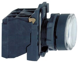 Sidevisning af Schneider Electric XB5AW31M5 lampetryk med sort bagmontering og 22mm diameter, hvid trykknap.