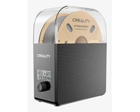 Creality Filament Dry Box 2.0 med en rulle gråt 3D-printerfilament indeni, viser temperatur og fugtighedsdisplay.