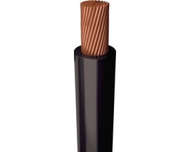 Sort halogenfri monteringsledning, 1x0,75 mm², med blottet kobberleder på hvid baggrund.