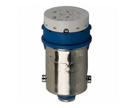 Omron A22-24AA blå LED-indikatorlampe til 24 VAC/DC med et blankt metalkontakt og blå plastkrage.