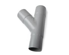 Plastmo plast grenrør i grå farve med en 45° vinkel og en rørdiameter på Ø75 mm, ideel til fælles nedløb.