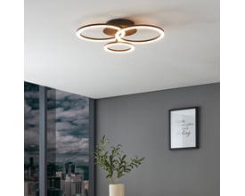 EGLO Parrapos-Z sort loftlampe med tre ringe, monteret i et moderne rum med udsigt til byen.