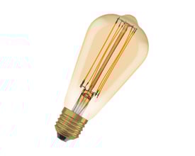 Ledvance 1906 Edison Guld LED-pære med E27 sokkel og dekorativt, gyldent glas med synlige filamenter.