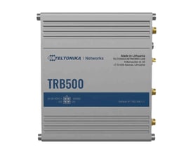 Teltonika TRB500 kompakt industriel 5G gateway i sølvfarvet metal med produktinformation og tilslutningsmuligheder.