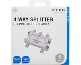 Emballagen til Deltaco 4-vejs splitter med F-stik, Klasse A, viser splitteren med fire udgange og DC-pas.