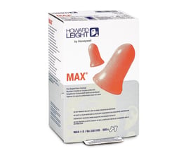 Emballagen til Howard Leight HSP Max skumørepropper til LS500 viser illustrationer af orange ørepropper og MAX-mærket.