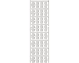 Weidmüller SFX10/23 ledningsmærker i hvid, vist på en skinne med otte rækker af fire mærker.