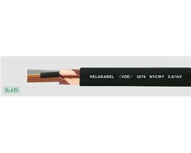 Sort NYCY kabel med 4X6 MM² ledere og 6 MM² koncentrisk kobberleder, med markeringer 'HELUKABEL VDE 0276 NYCWY 0,6/1kV'.