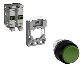 ABB trykknap MP1-40G-20 komponenter: grå kontaktblok, monteringsramme og grøn trykknap med sort kant.