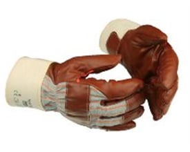 Par af Ansell Hyd-tuf 52-547 arbejdshandsker i brun nitril og bomuld vist fra siden med cremefarvet krave.