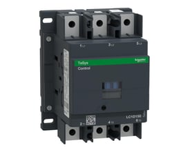 Schneider Electric TeSys D kontaktor LC1D150, 3-polet med 150A strømkapacitet og 230VAC spole. Synlige mærkninger inkluderer L1, L2, L3, T1, T2, T3 og Schneider Electric logo.
