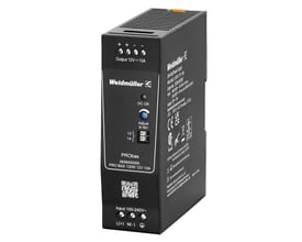 Weidmüller PROBAS strømforsyning 120W, 12VDC, 10A, set skråt forfra, med tydelige mærkater og justeringsknap fremhævet.