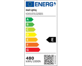 Energimærkat for Ansell Lighting H-Cell LED bånd, klassificeret som E på A-G skalaen, med 480 kWh/1000h forbrug.