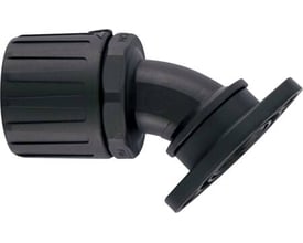 HellermannTyton sort forskruning med 45 graders vinkeltilslutning, flange og PA66 materiale til 28-45mm kabeldiameter.