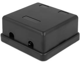 Sort DeLOCK Keystone-boks i plast med plads til to porte, set skråt ovenfra med felter til navneetiketter.