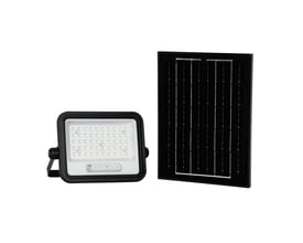 V-TAC VT-104W 100W LED projektør og separat solpanel i sort ABS/PC materiale, klar til montering.