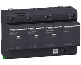 Schneider Electric Overspændingsafledning PRD1 Master 3P+N i mørkegrå, viser tilslutningspunkter L1, L2, L3 og PE samt tre udskiftelige moduler.