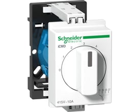 Schneider Electric Acti9 iCMD drejeomskifter i hvid, 10A, 415V, med 5 positioner (0-1-2-3-4) og et blåt magnetisk betjeningselement.