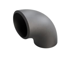 Indura 90 graders rør-bøjning i P235GH-TC1 stål, 48,3x3,6 mm, med en radius på 57 mm, vist på hvid baggrund.