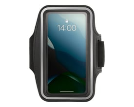 Sort STREETZ-sportsarmbånd til smartphones med gennemsigtig front og reflekterende kant.