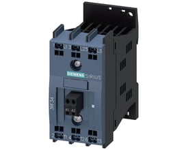 Siemens 3RF3 solid-state kontaktor i blå og sort plast, med tydelige mærkninger og tilslutningspunkter for 3-faset drift.