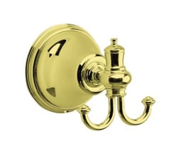 Damixa Tradition håndklædekrog i poleret messing med dobbelt krog, elegant og klassisk design til badeværelset.