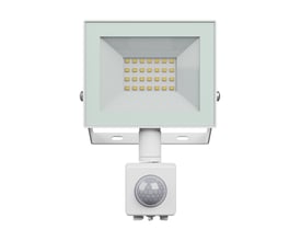 Hvid SpectrumLED 20 W LED-projektør med sensor, synlige LED-felter bag glas og monteringsbeslag.