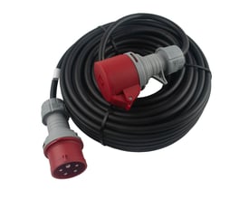 25 meter CEE 5P forlængerkabel med 16A IP44 og 5G1,5 H07RN-F kabel. Kablet er bundtet og har røde og grå CEE-stik.